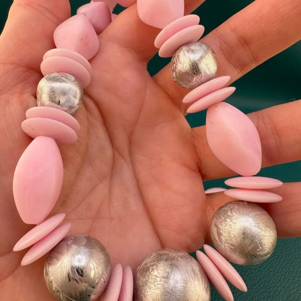 Vintage Necklace Earrings Set Pink Silver Tone Acrylic Chunky Bauble Bead Retro